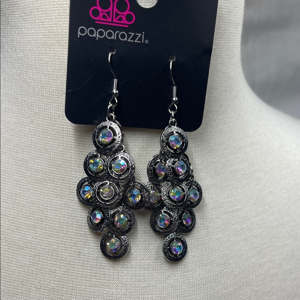 Paparazzi Silver Earrings with Iridescent Gems Lightweight.